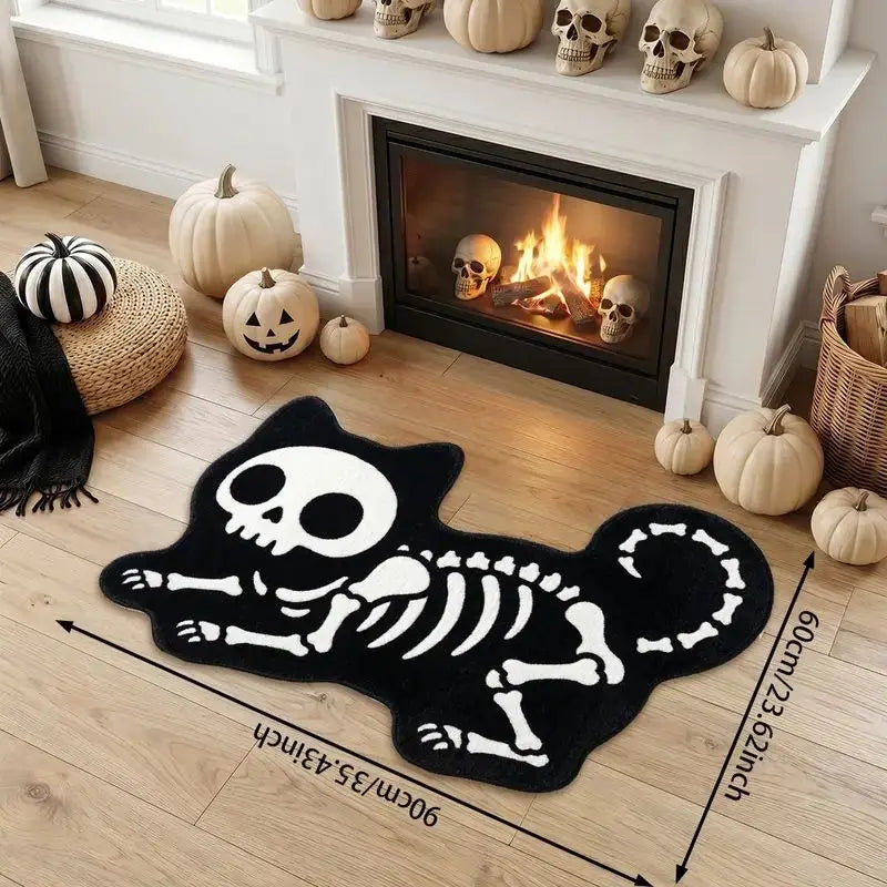 Skeleton Cat Rug — "Spooky Paws"
A black, cat-shaped rug featuring a bold white skeleton print — a striking accent for Halloween season or year-round if you love a gothic-inspired look. The soft, plush surface feels great